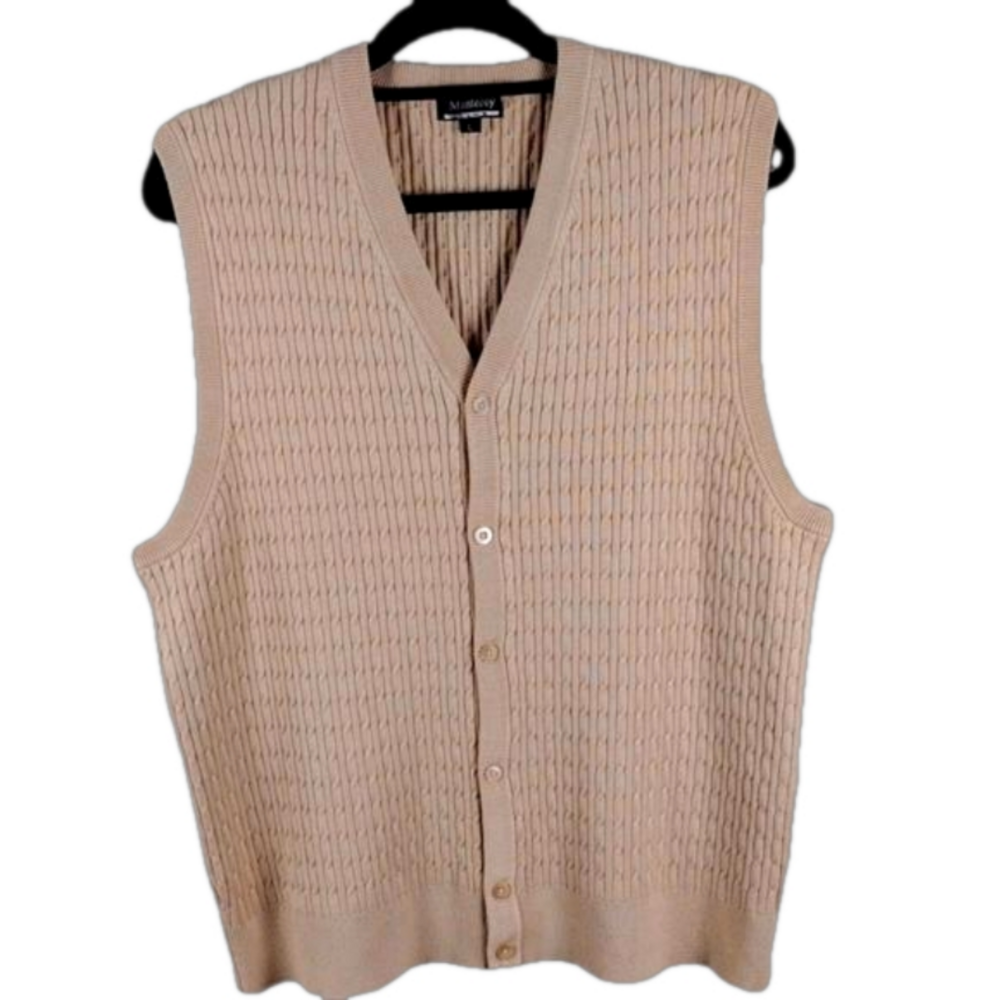Monterey Club Camel Cable Knit V-Neck Sleeveless Button Down Casual Sweater Vest